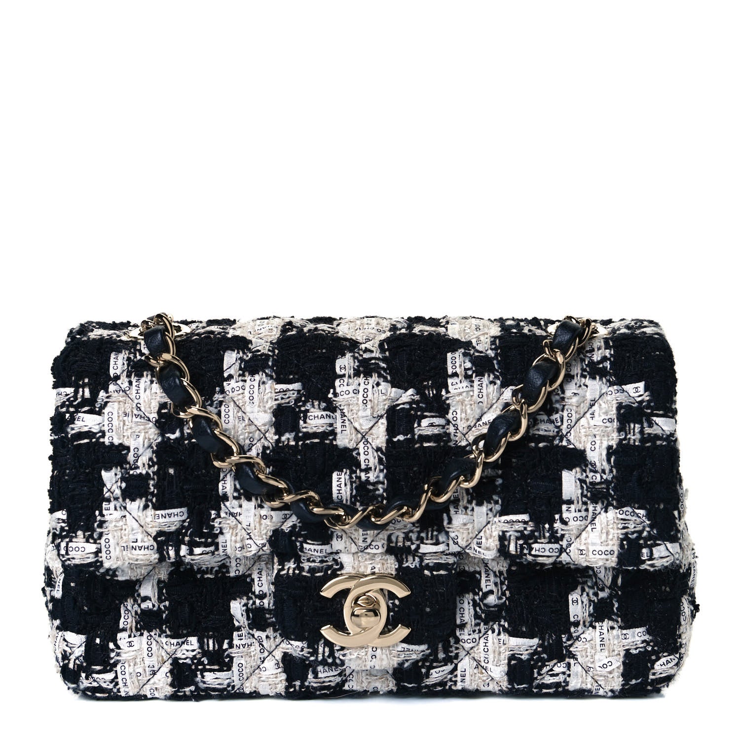 Chanel Tweed Quilted Mini Rectangular Flap Black Ecru White 1 of 11
