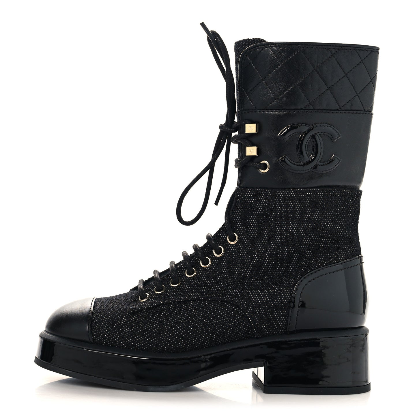 Fabric Patent Calfskin Lambskin Quilted CC Lace Up Combat Boots 36 Black