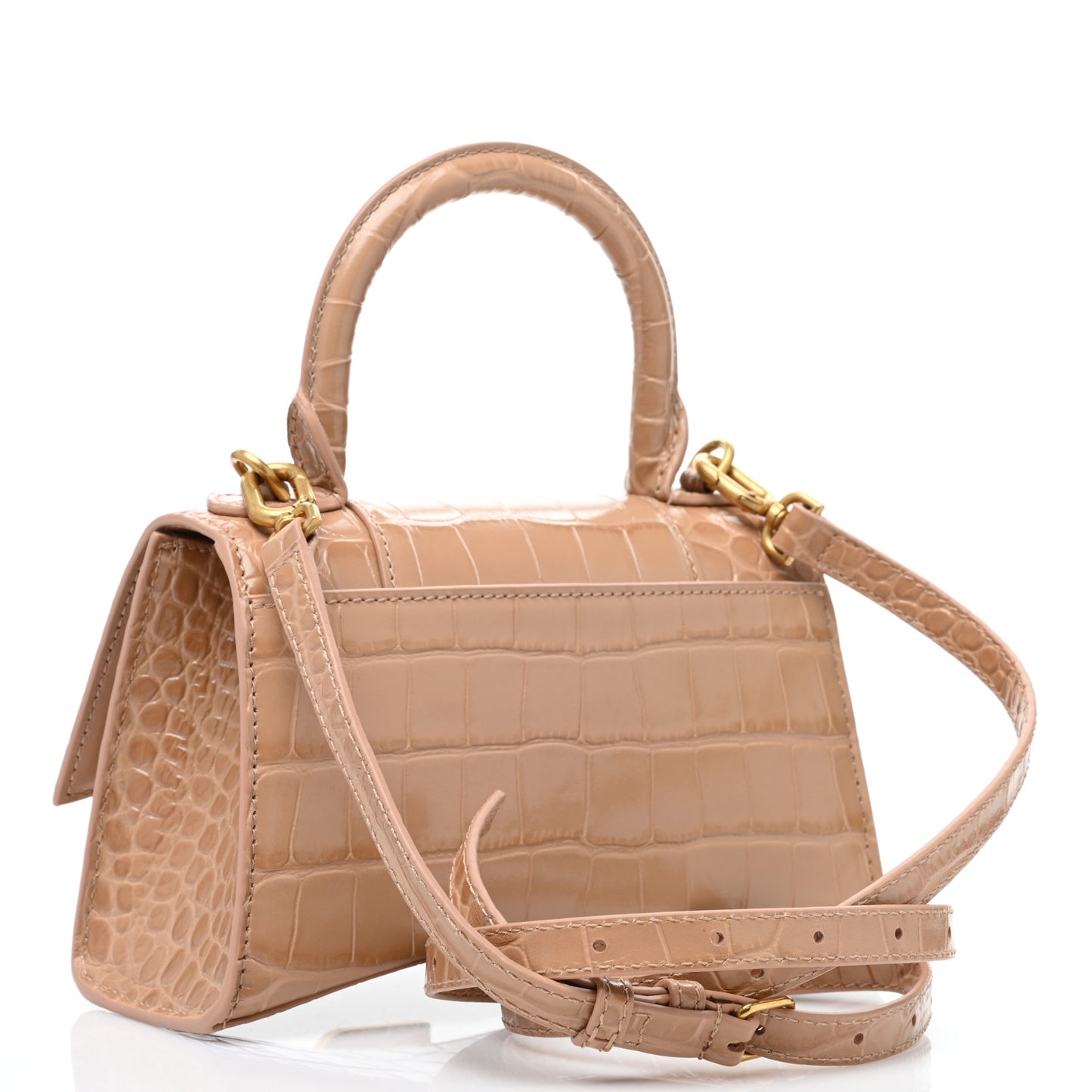 Shiny Calfskin Crocodile Embossed Hourglass Top Handle Bag XS Nude Beige