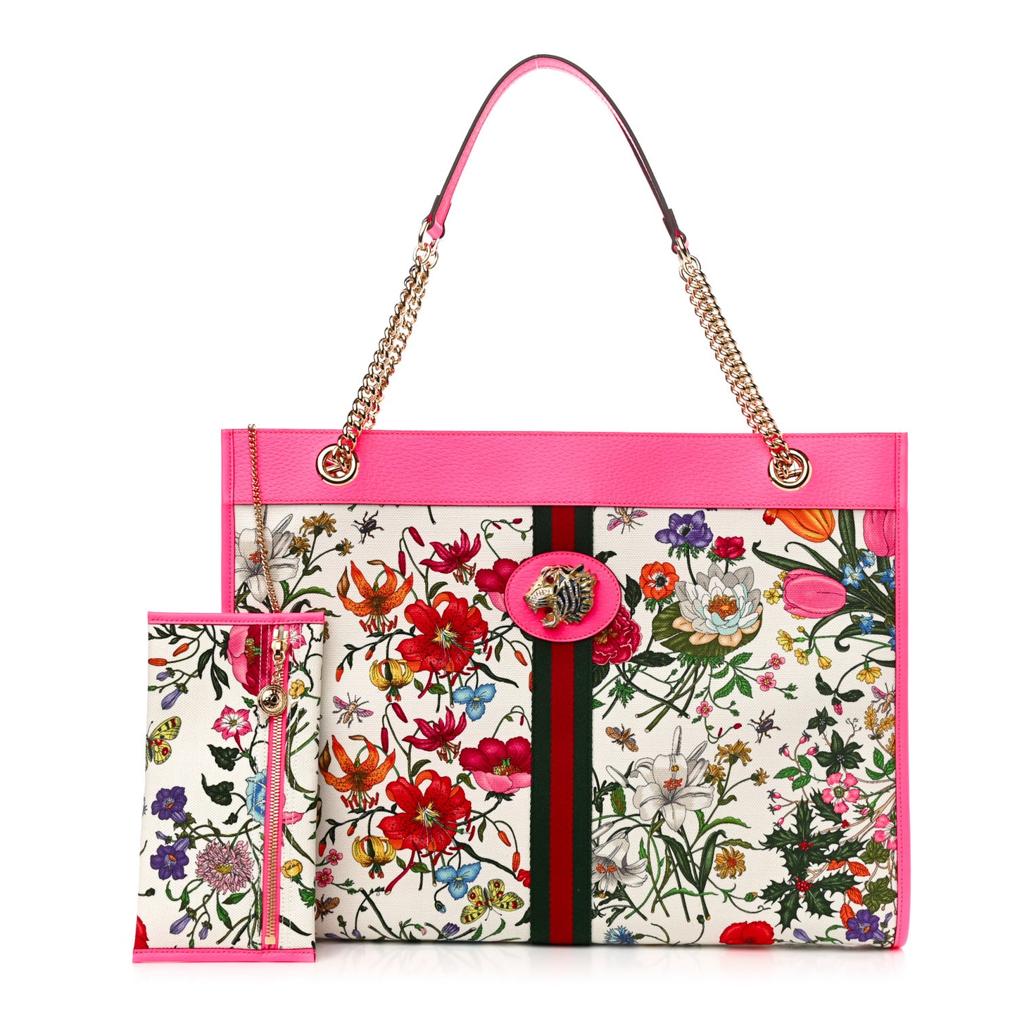 Canvas Flora Large Rajah Chain Tote White Multicolor Fuxia Fluo