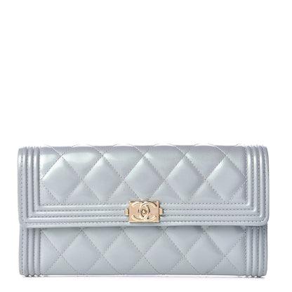 Chanel Metallic Patent Calfskin Quilted Boy Flat Wallet Light Blue 1 of 10