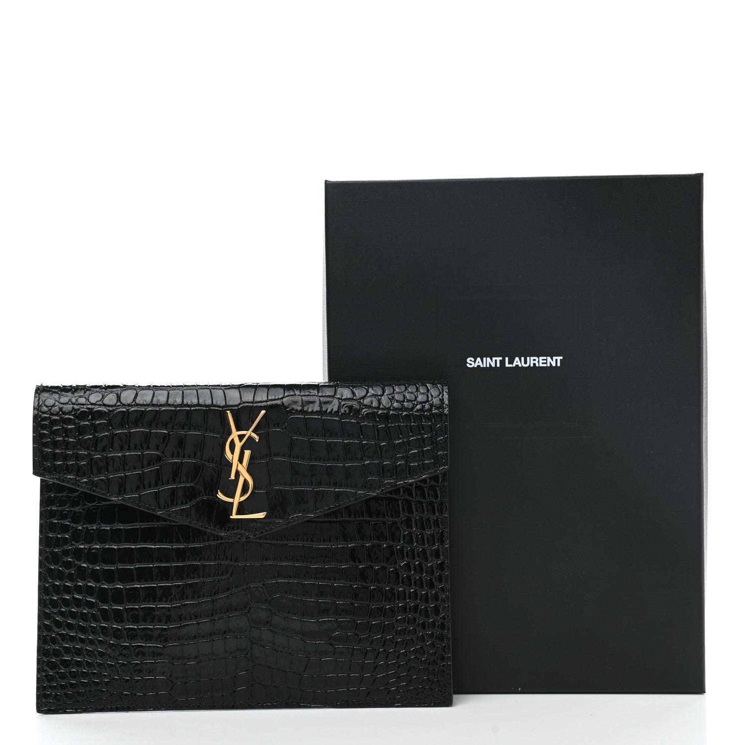 Saint Laurent Calfskin Crocodile Embossed Monogram Uptown Baby Pouch Black 6 of 6