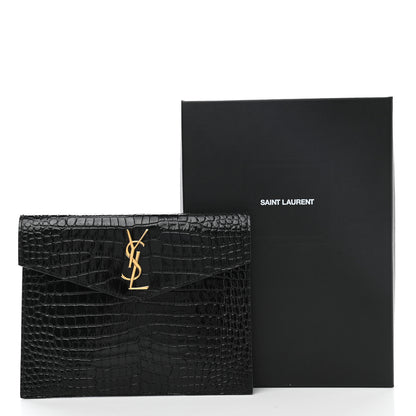 Saint Laurent Calfskin Crocodile Embossed Monogram Uptown Baby Pouch Black 6 of 6