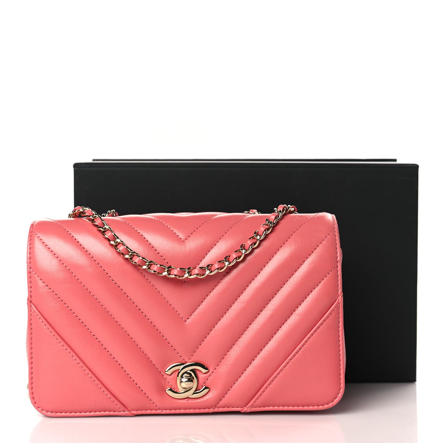 Calfskin Chevron Quilted Mini Statement Flap Pink