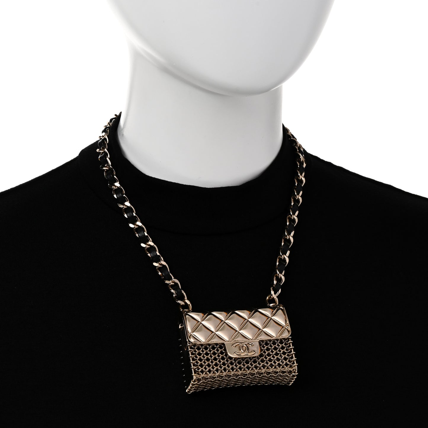 Metal Lambskin Chain Micro Bag Necklace Gold Black