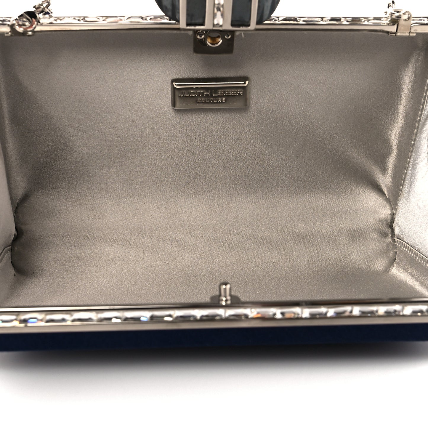 Satin Crystal Frame Coffered Evening Clutch Navy