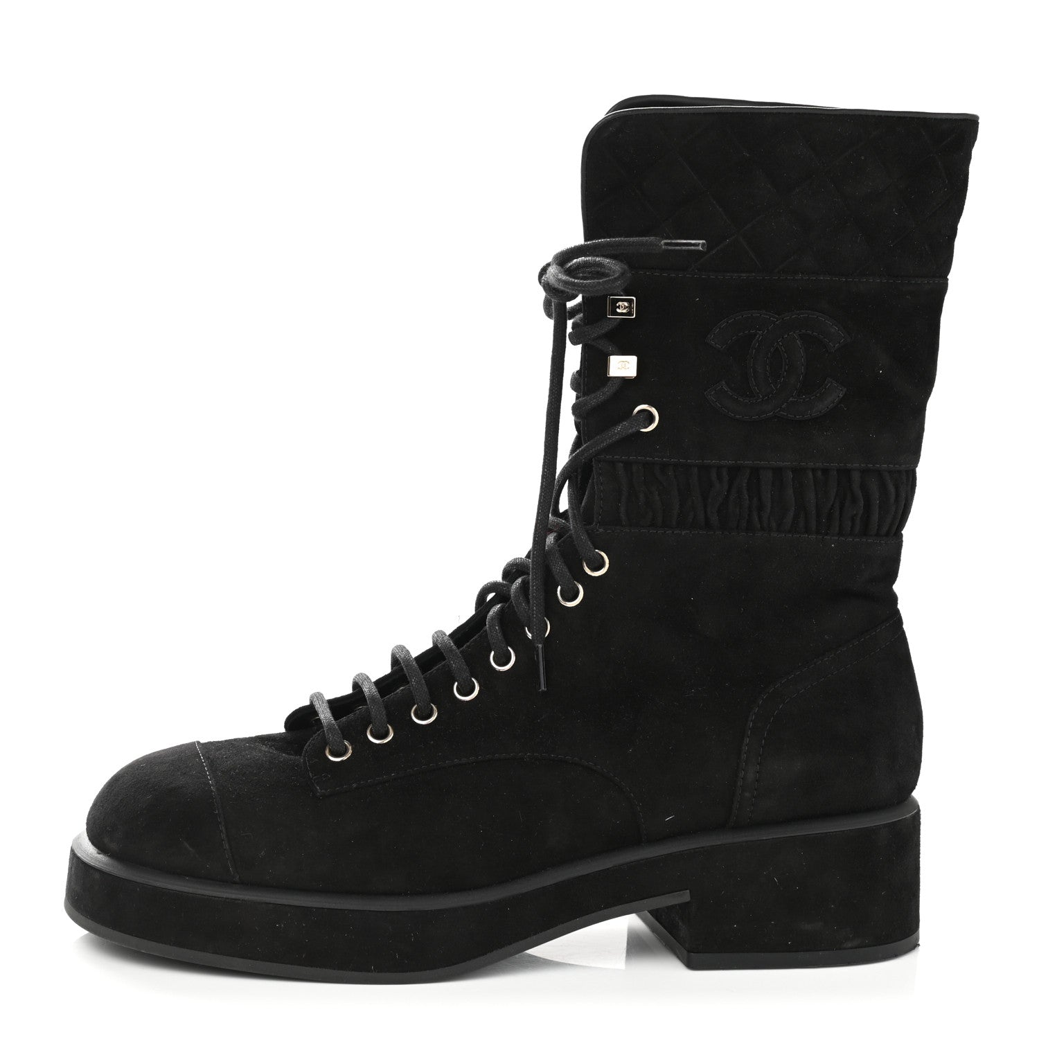 Chanel Suede Quilted Lace Up Combat Boots 41 Black 1 of 8