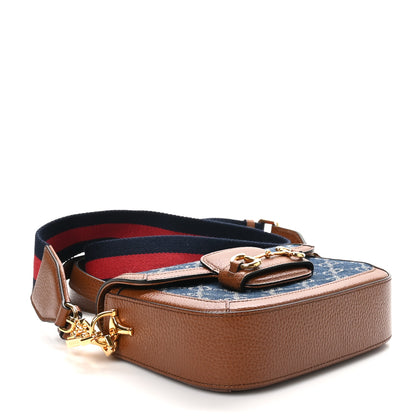 Gucci New Denim GG Monogram Dollar Calfskin Web Mini Horsebit 1955 Shoulder Bag Blue Tea Cuir Epilog 4 of 10