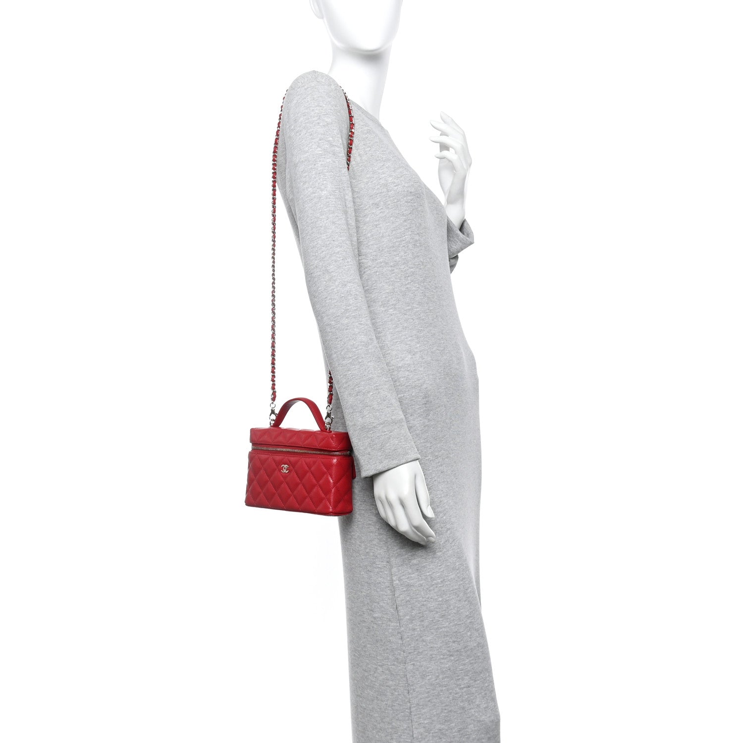 Chanel Caviar Quilted Top Handle Slim Vanity With Chain Red 2 of 10