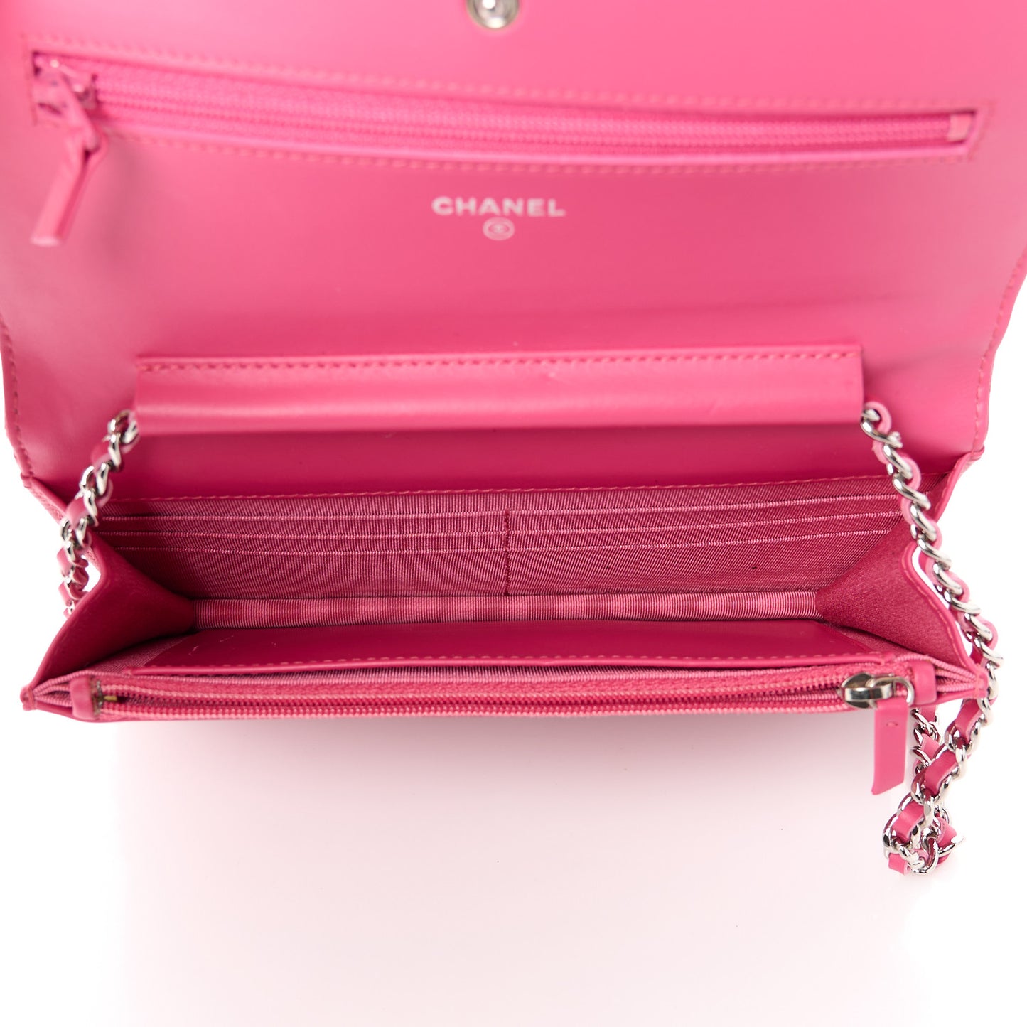 Patent Calfskin Quilted Wallet On Chain WOC Pink