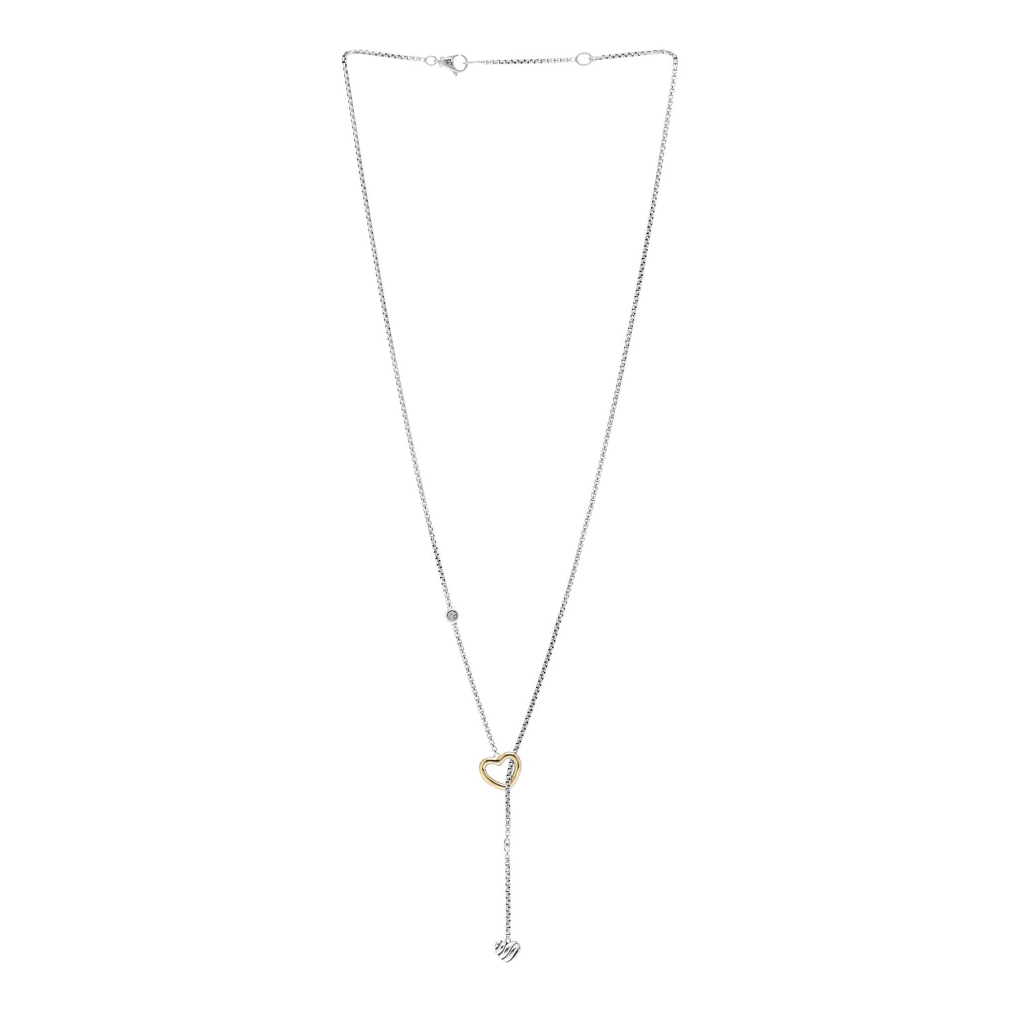 Sterling Silver 18K Yellow Gold Diamond Cable Heart Lariat Necklace