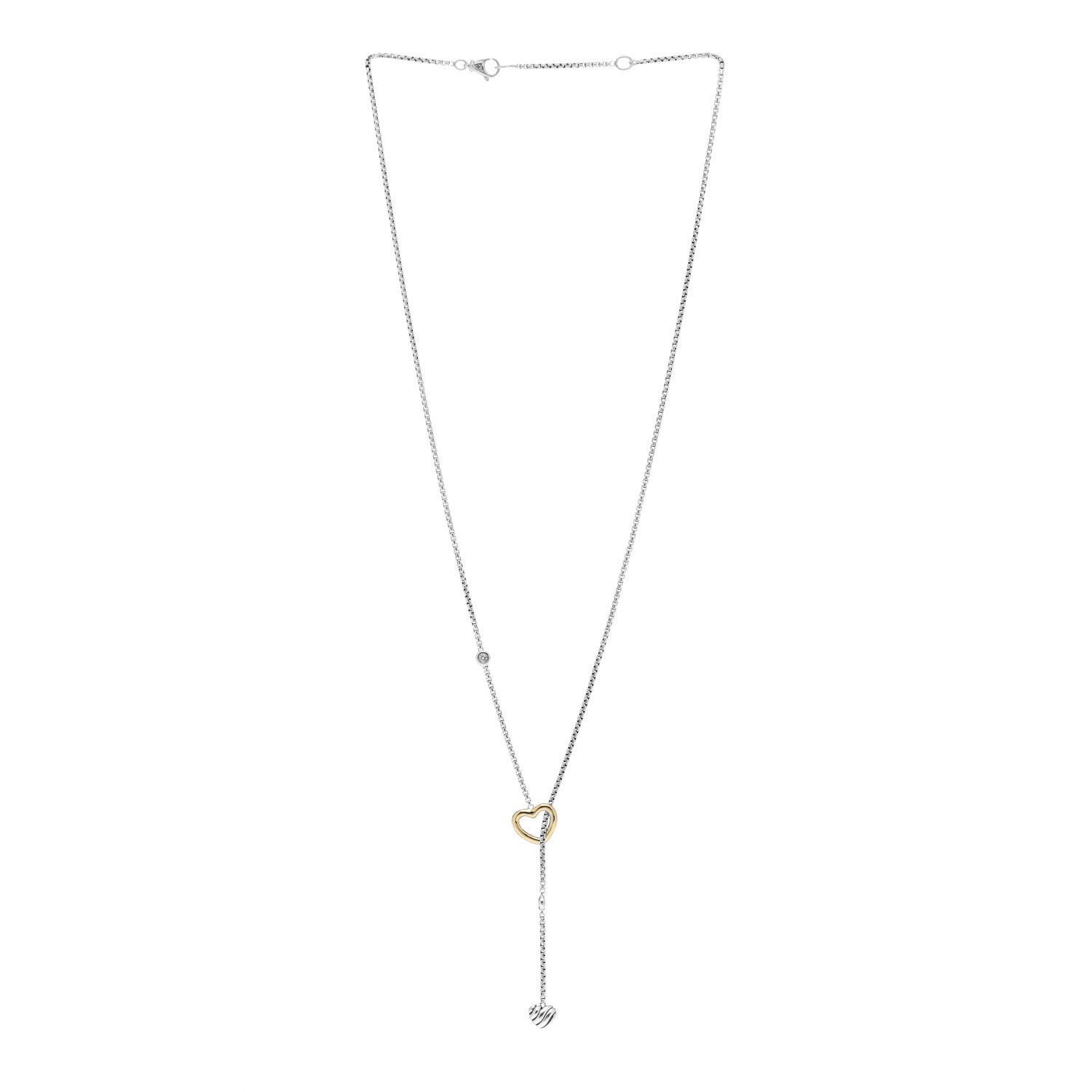 David Yurman Sterling Silver 18K Yellow Gold Diamond Cable Heart Lariat Necklace 3 of 4