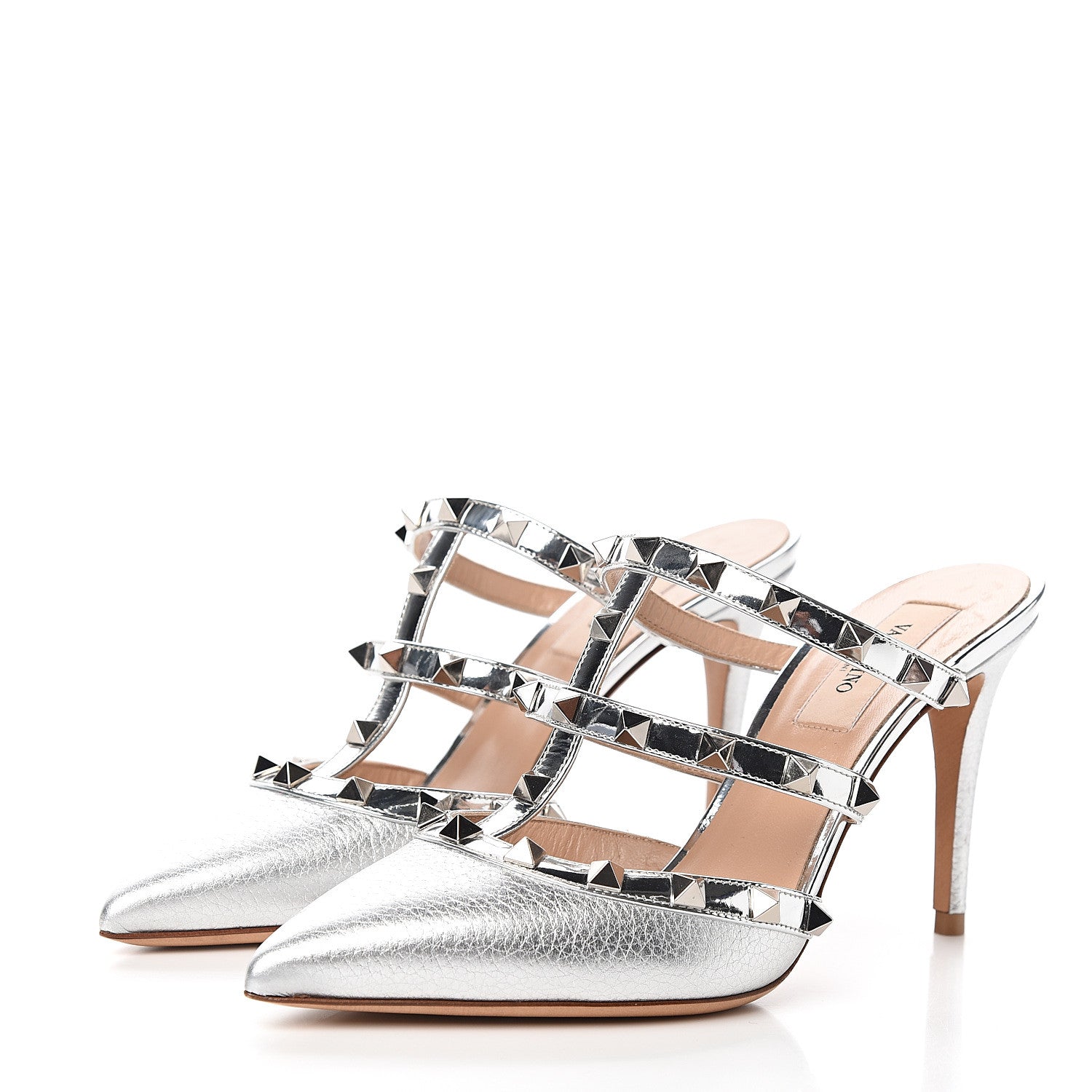 Valentino Garavani Metallic Pebbled Calfskin Rockstud 90mm Cage Mules 36 Silver 3 of 8