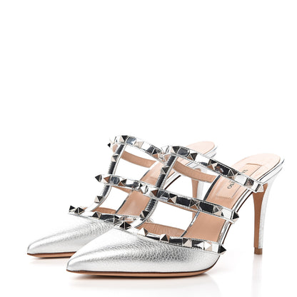 Valentino Garavani Metallic Pebbled Calfskin Rockstud 90mm Cage Mules 36 Silver 3 of 8