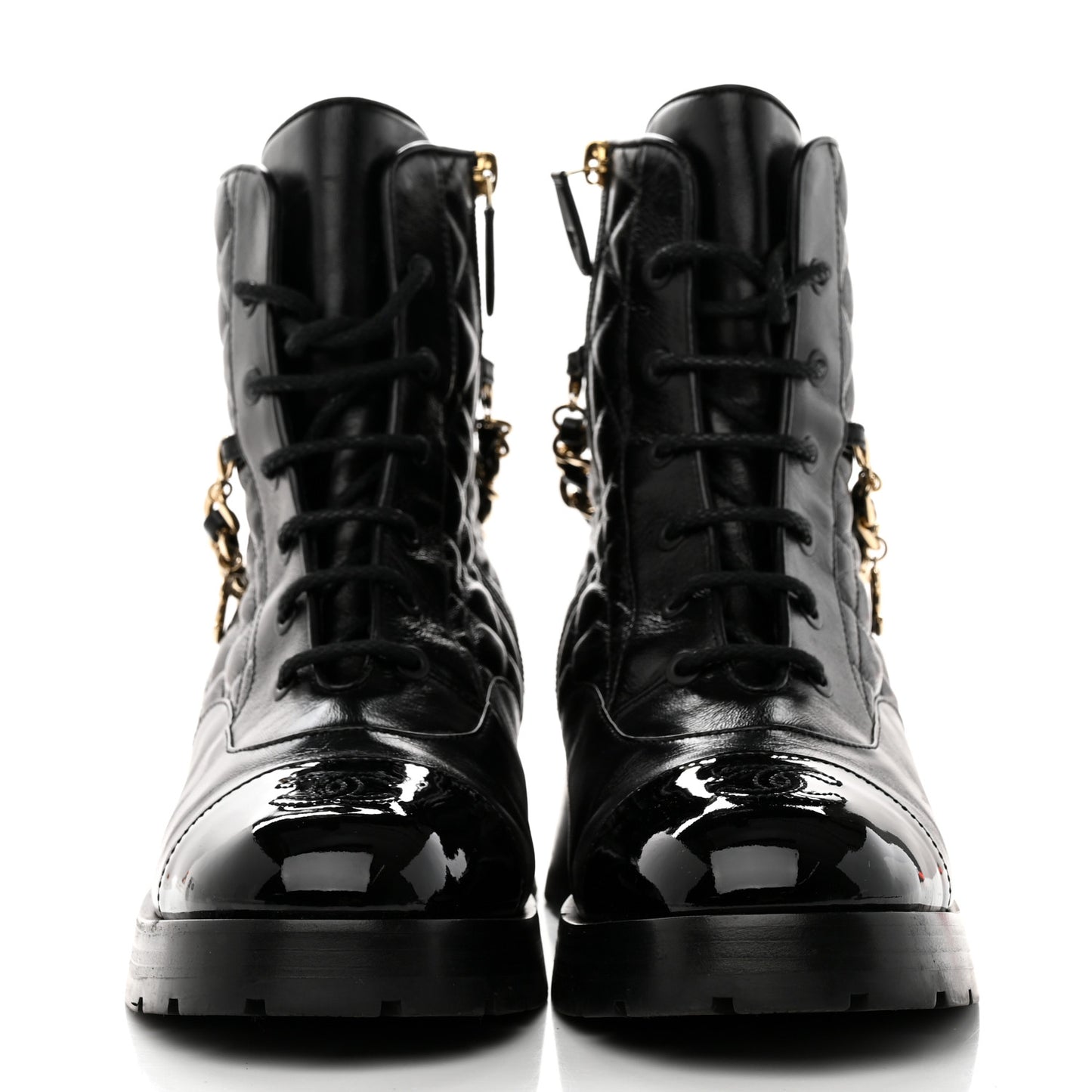 Shiny Calfskin Patent Quilted Chain Lace Up Combat Boots 40.5 Black