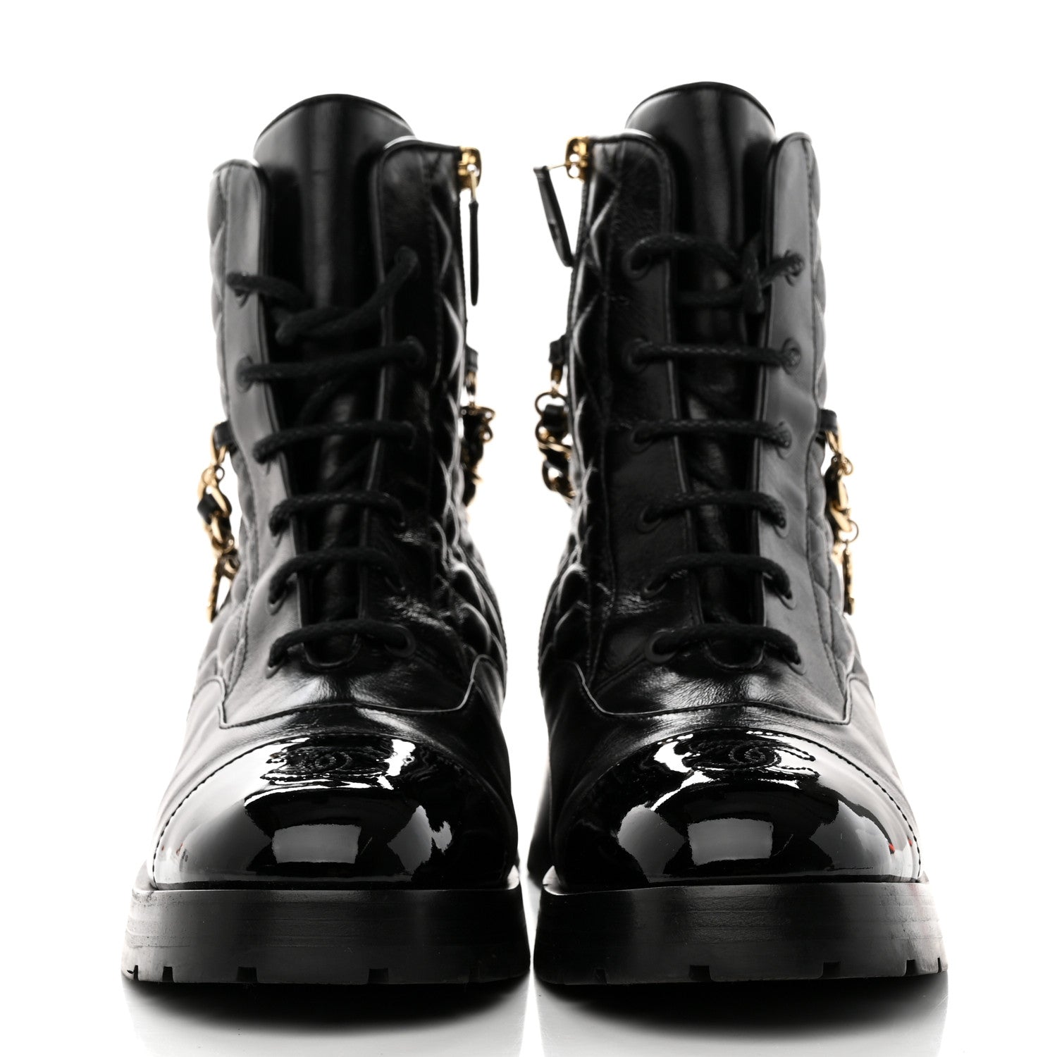 Chanel Shiny Calfskin Patent Quilted Chain Lace Up Combat Boots 40.5 Black 2 of 8