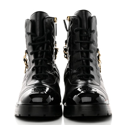 Chanel Shiny Calfskin Patent Quilted Chain Lace Up Combat Boots 40.5 Black 2 of 8