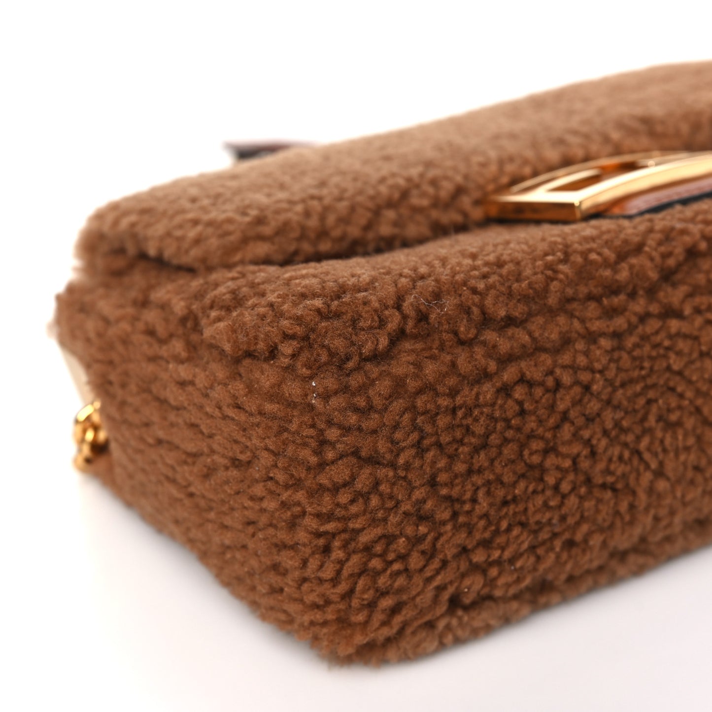Shearling Lambskin Midi Chain Baguette Caramello
