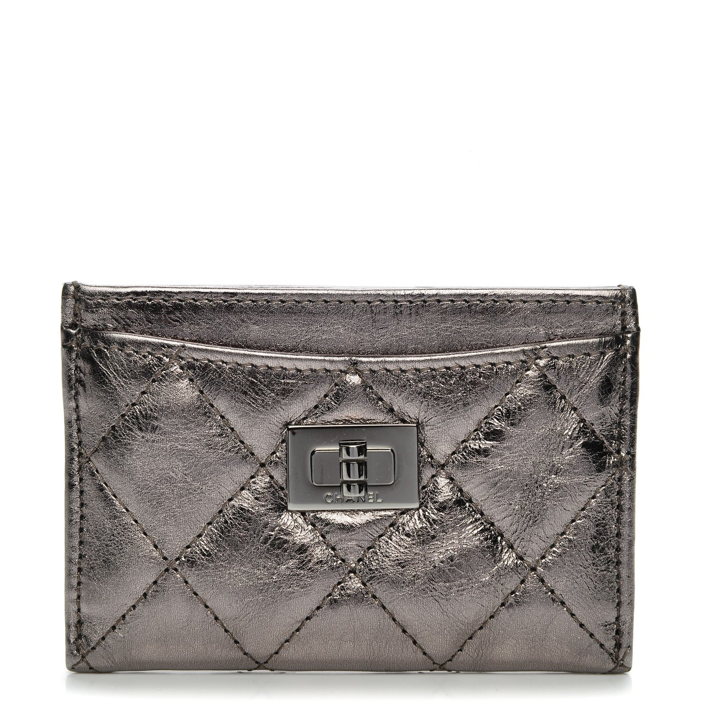 Metallic Aged Calfskin Quilted Reissue Card Holder Silver