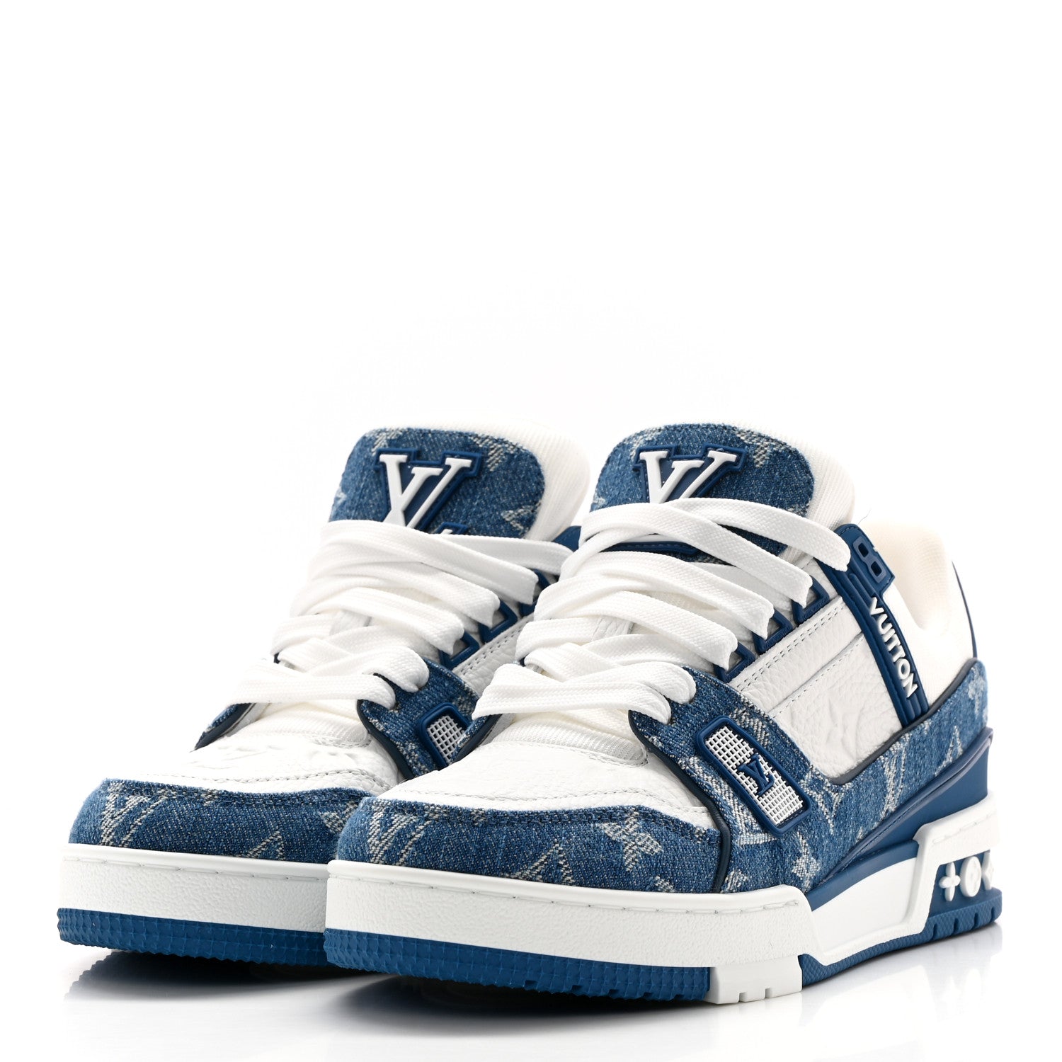 Louis Vuitton Calfskin Embossed Monogram Denim Womens LV Trainer Sneakers 36 Blue 3 of 9