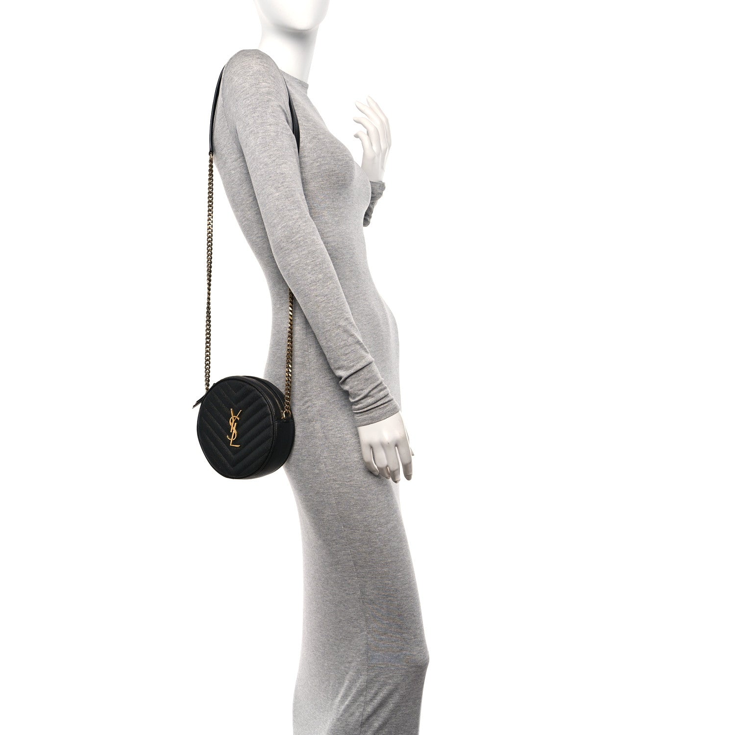 Saint Laurent Grain De Poudre Matelasse Chevron Quilted Round Vinyle Camera Bag Black 2 of 13