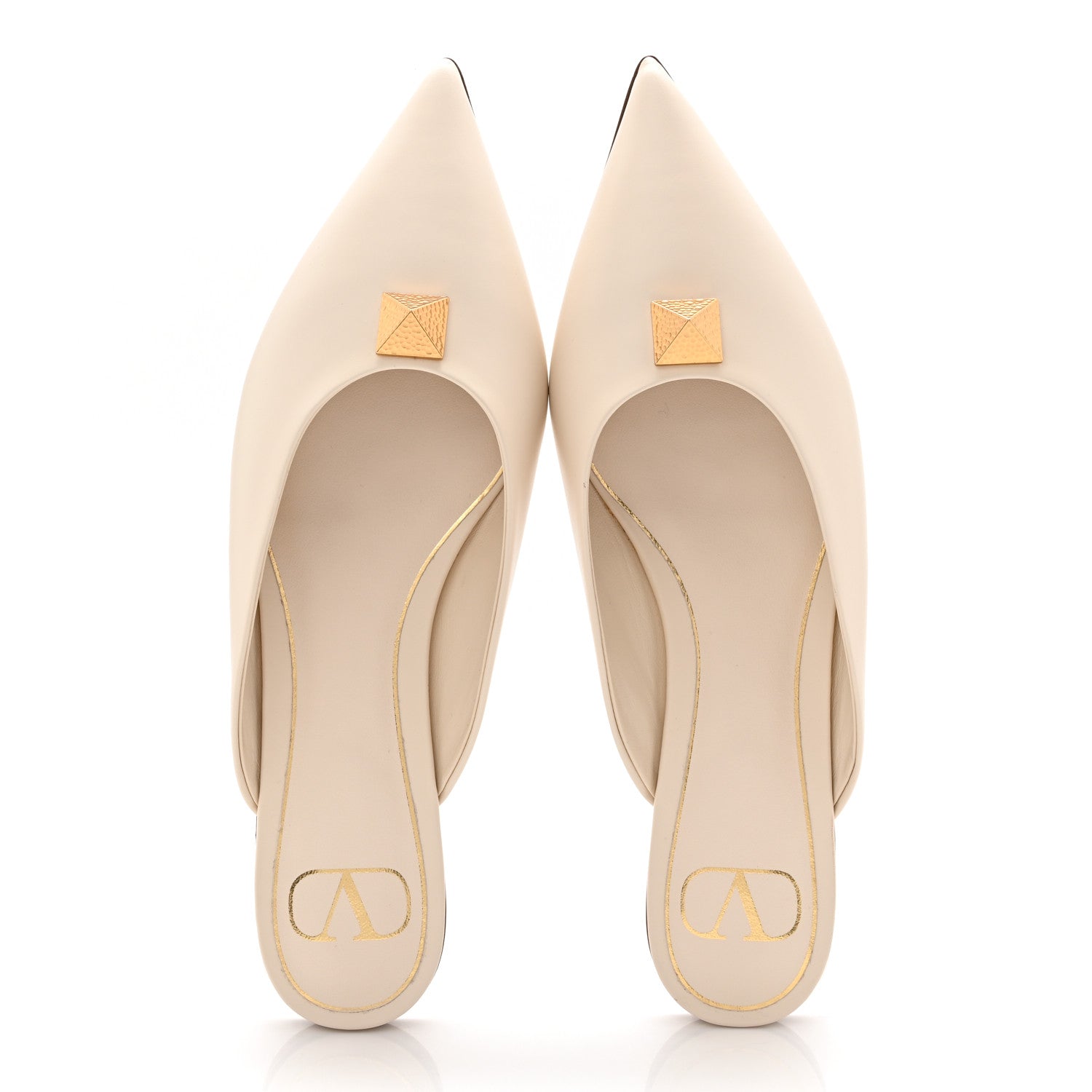 Valentino Garavani Calfskin Roman Stud Pointed Flat Mules 37 Light Ivory 2 of 9