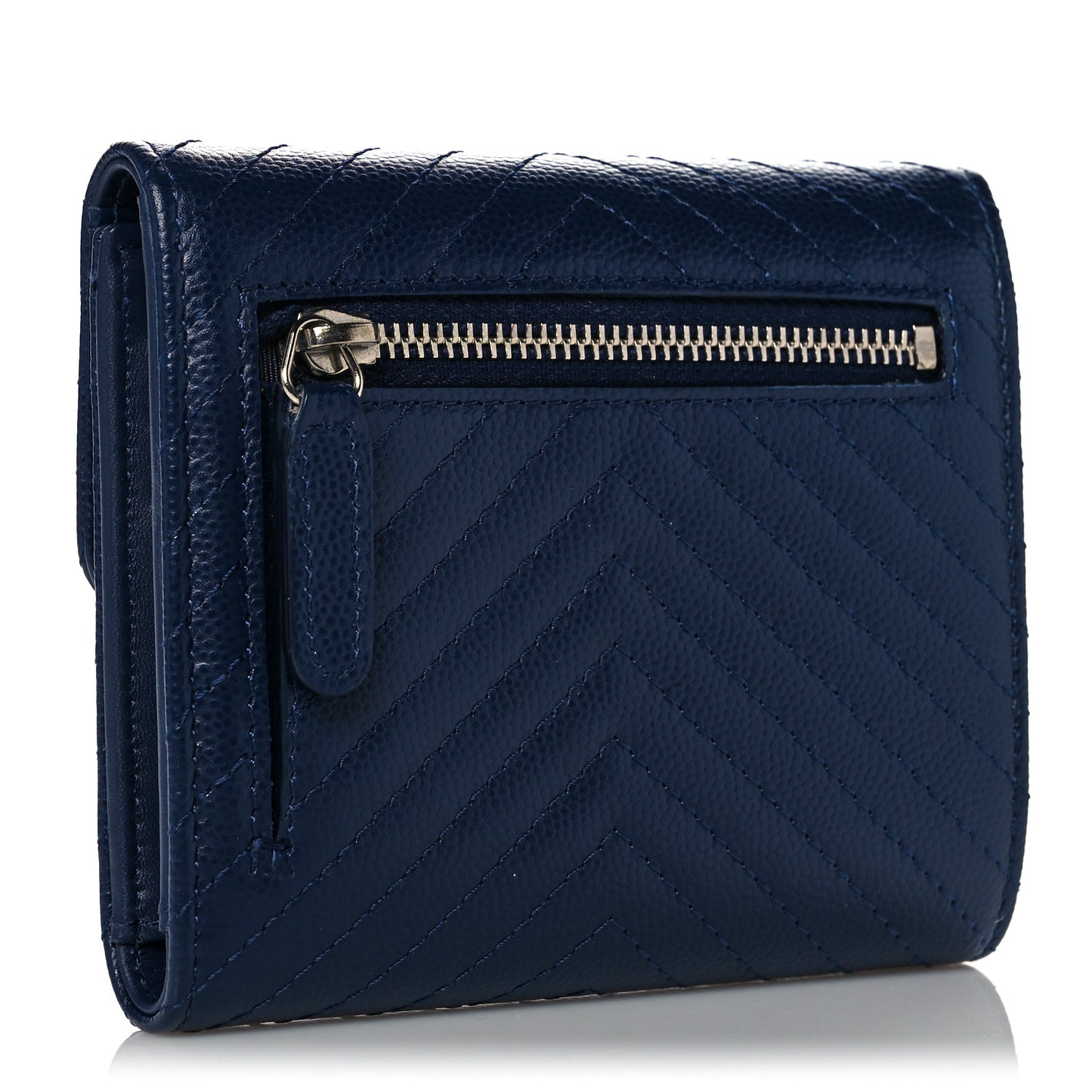Caviar Chevron Quilted Compact Flap Wallet Navy