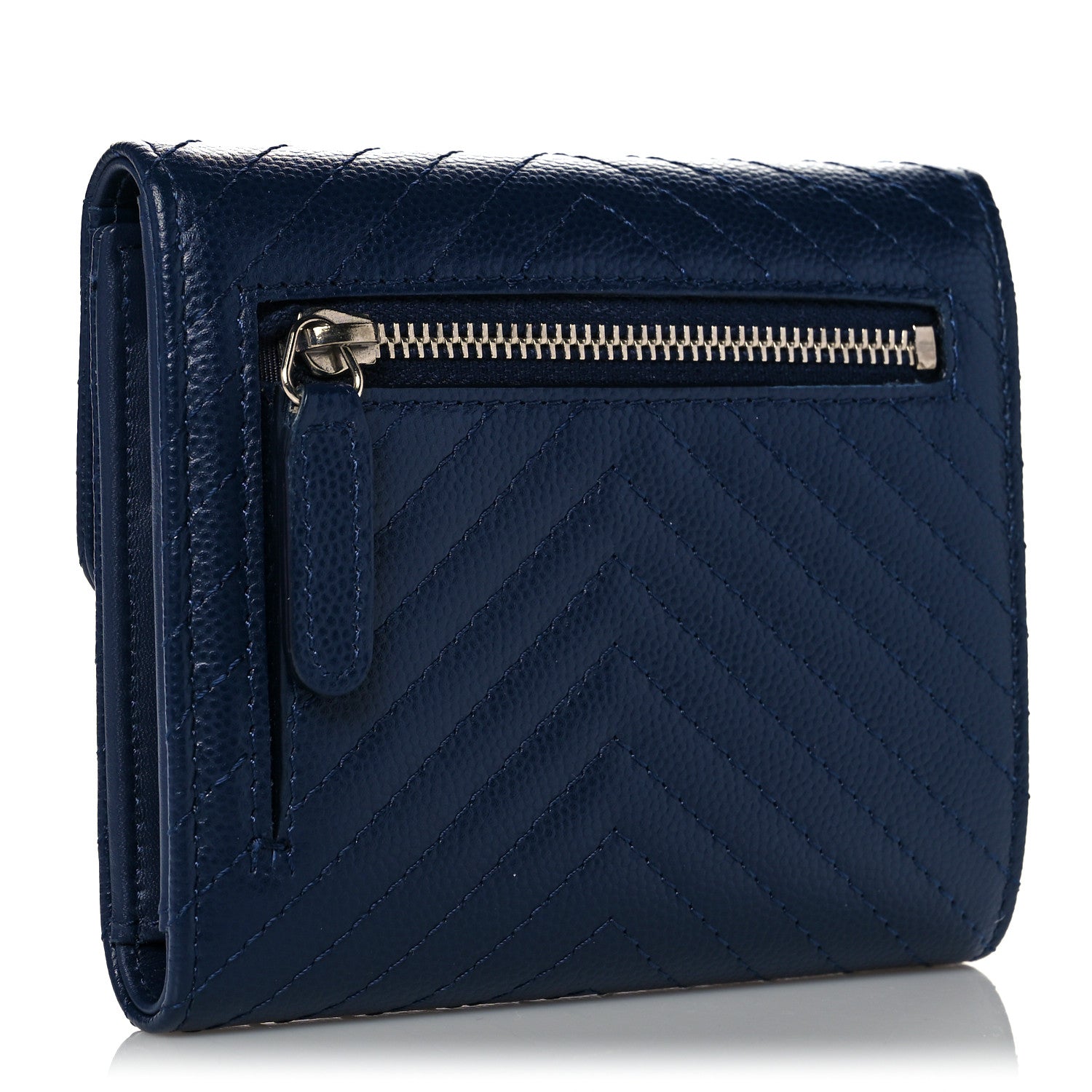 Chanel Caviar Chevron Quilted Compact Flap Wallet Navy 3 of 9