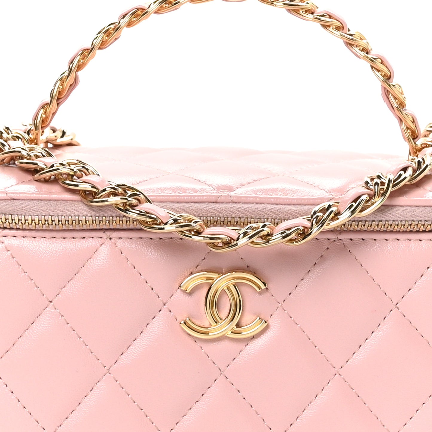 Lambskin Quilted Small Top Handle Vanity Case With Chain Light Pink
