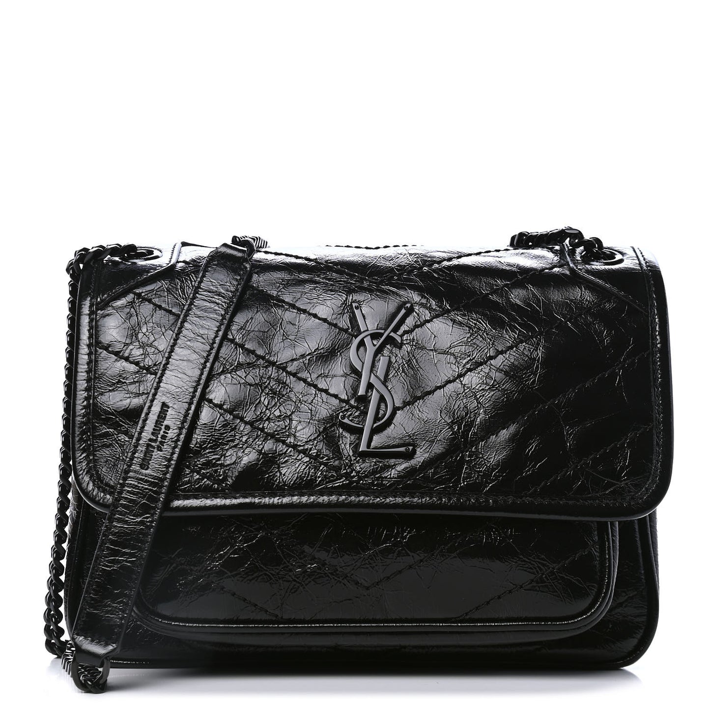 Crinkled Calfskin Matelasse Monogram Baby Niki Chain Satchel Black
