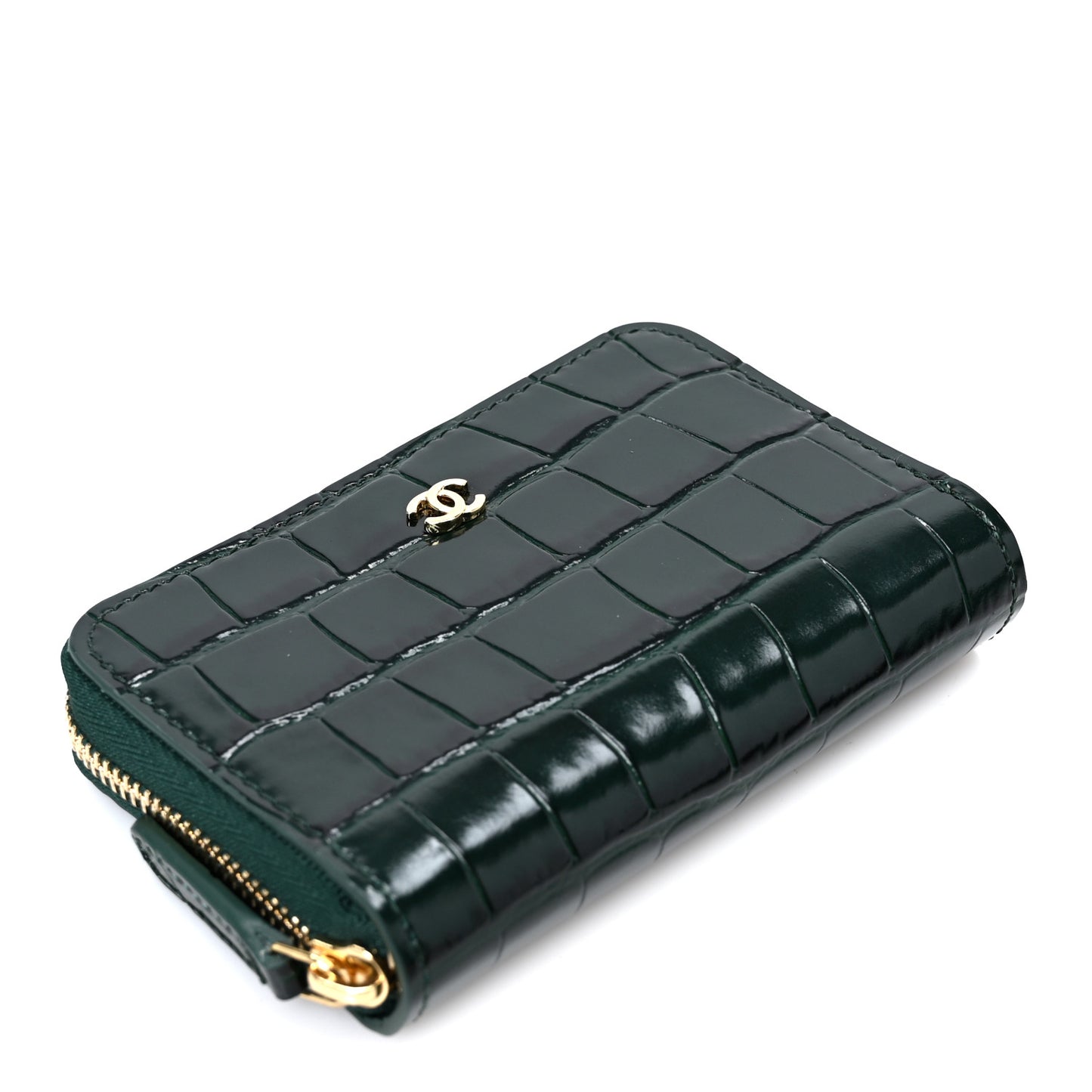 Calfskin Crocodile Embossed Crococo Zip Coin Purse Emerald