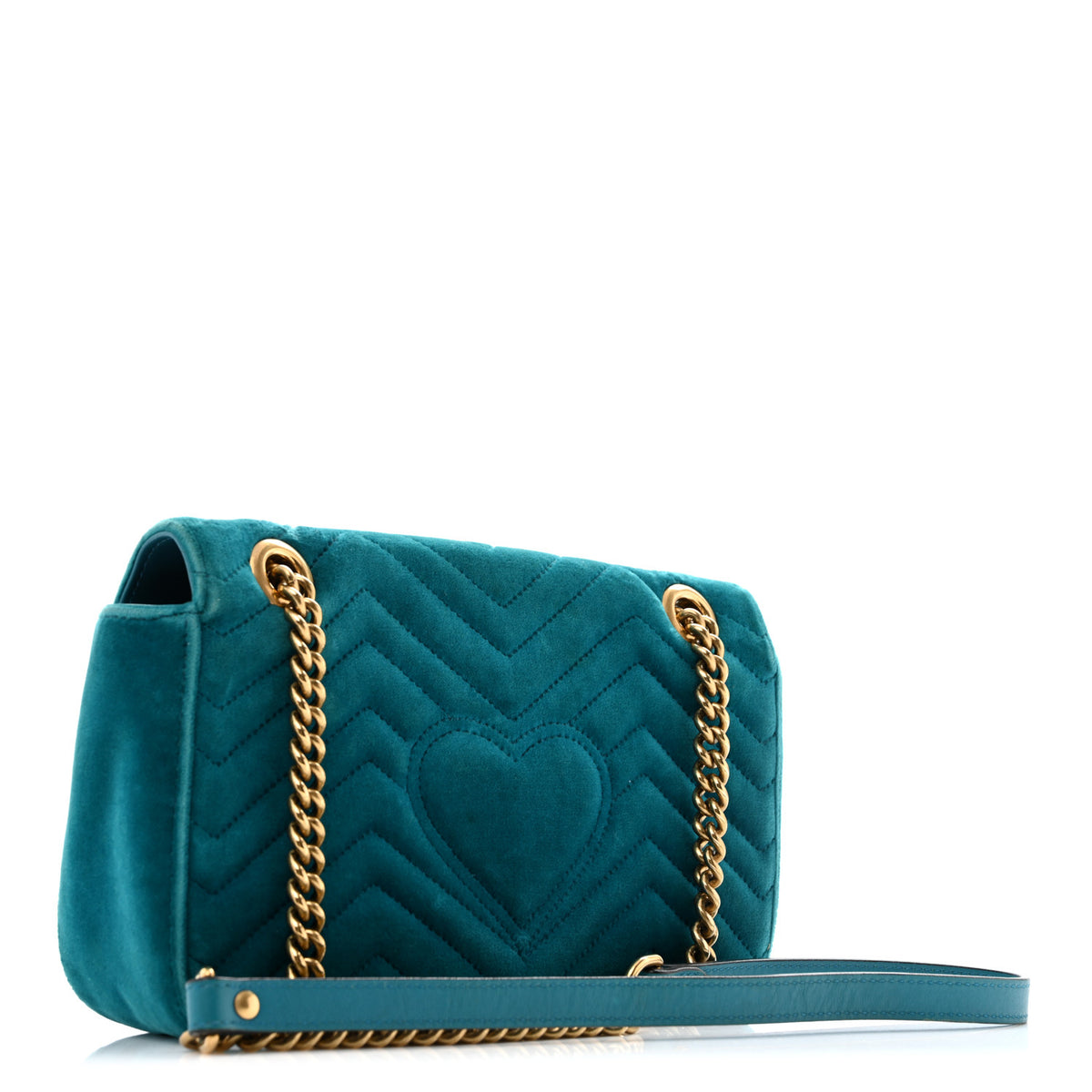 Gucci Velvet Matelasse Small GG Marmont Shoulder Bag Pavone Cyan 2 of 12