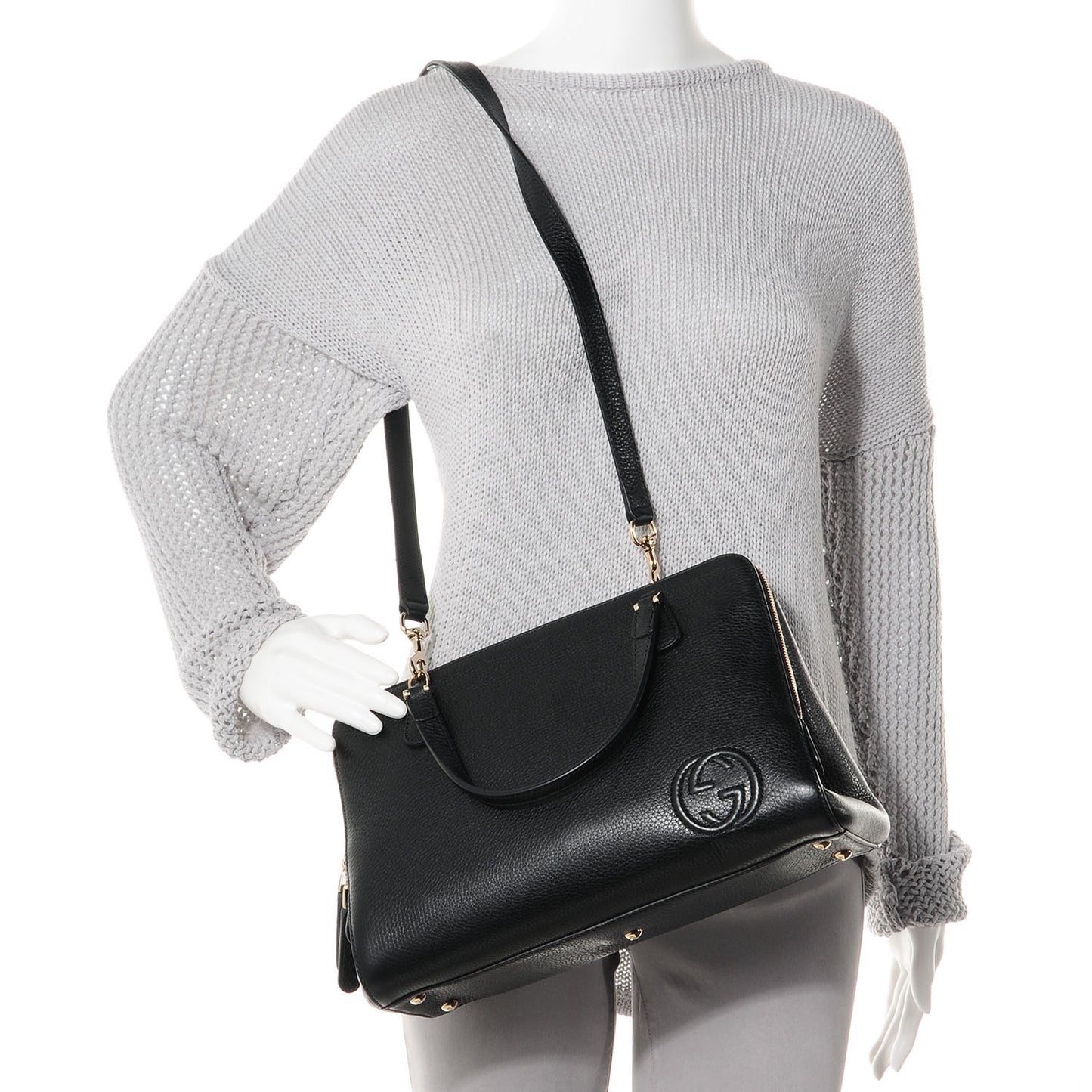 Leather Medium Label Tote Black