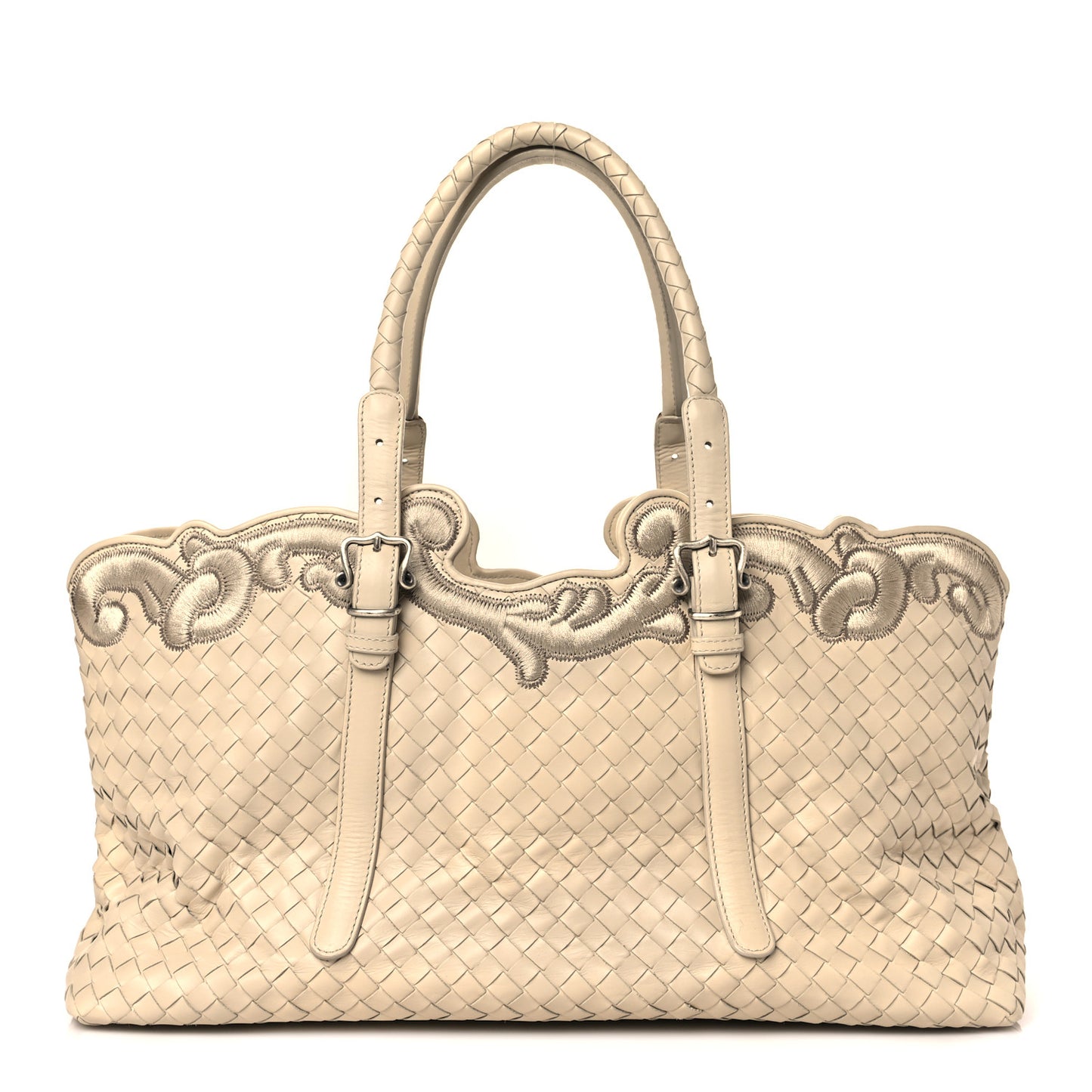 Nappa Intrecciato Embroidered Trim Tote Light Beige