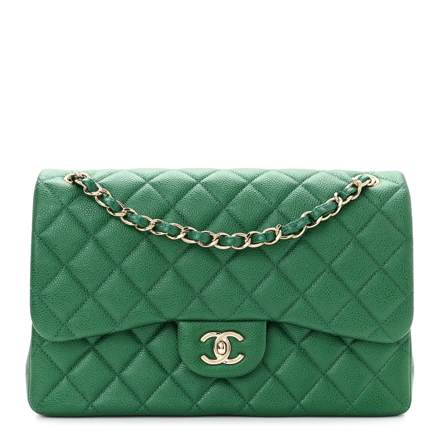 Metallic Caviar Quilted Jumbo Double Flap Green