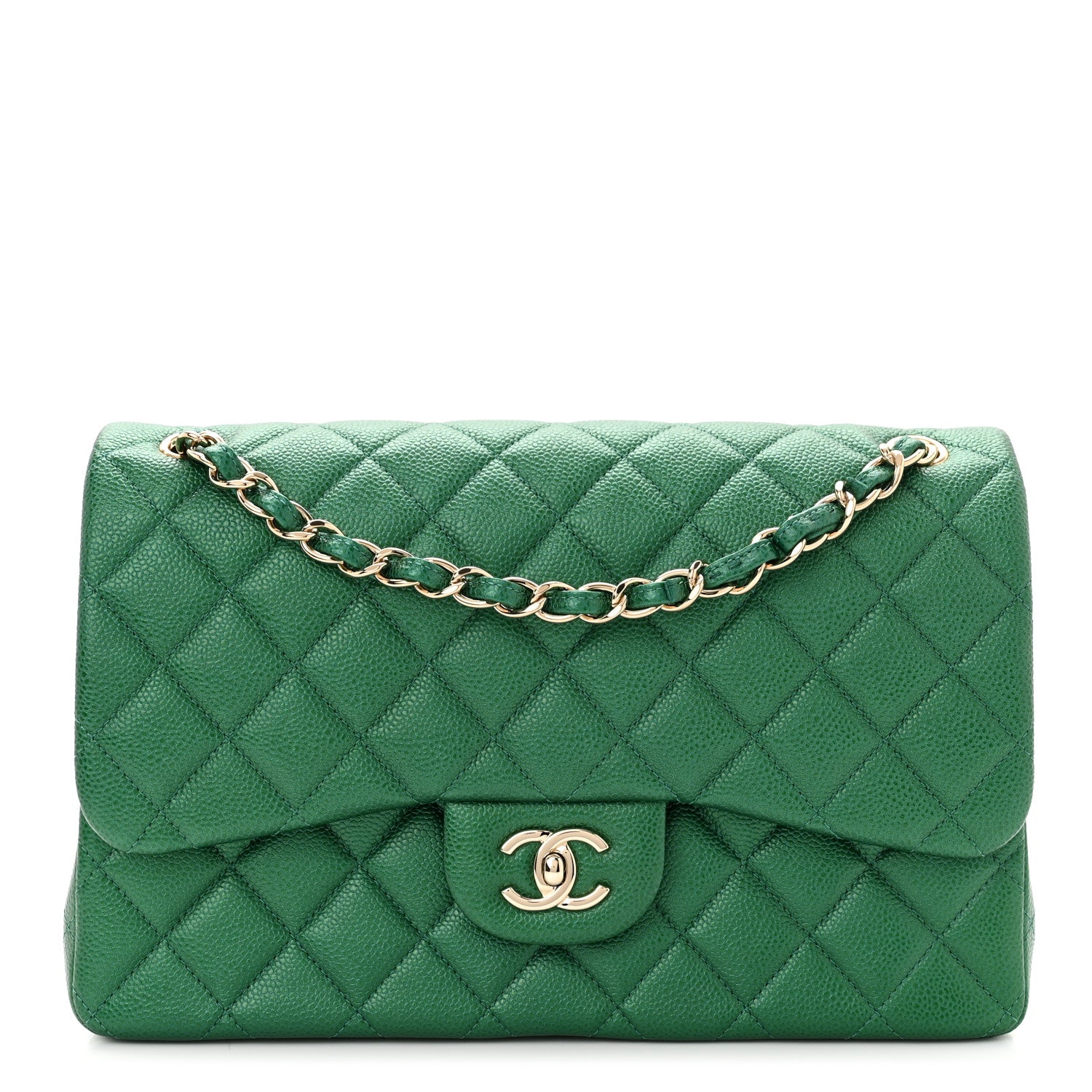 Chanel Metallic Caviar Quilted Jumbo Double Flap Green 1 of 11