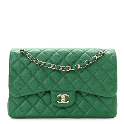 Chanel Metallic Caviar Quilted Jumbo Double Flap Green 1 of 11
