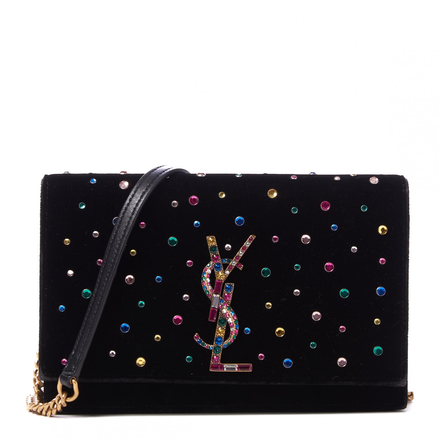 Saint Laurent Velvet Crystal Embellished Monogram Kate Chain Wallet Black 1 of 9