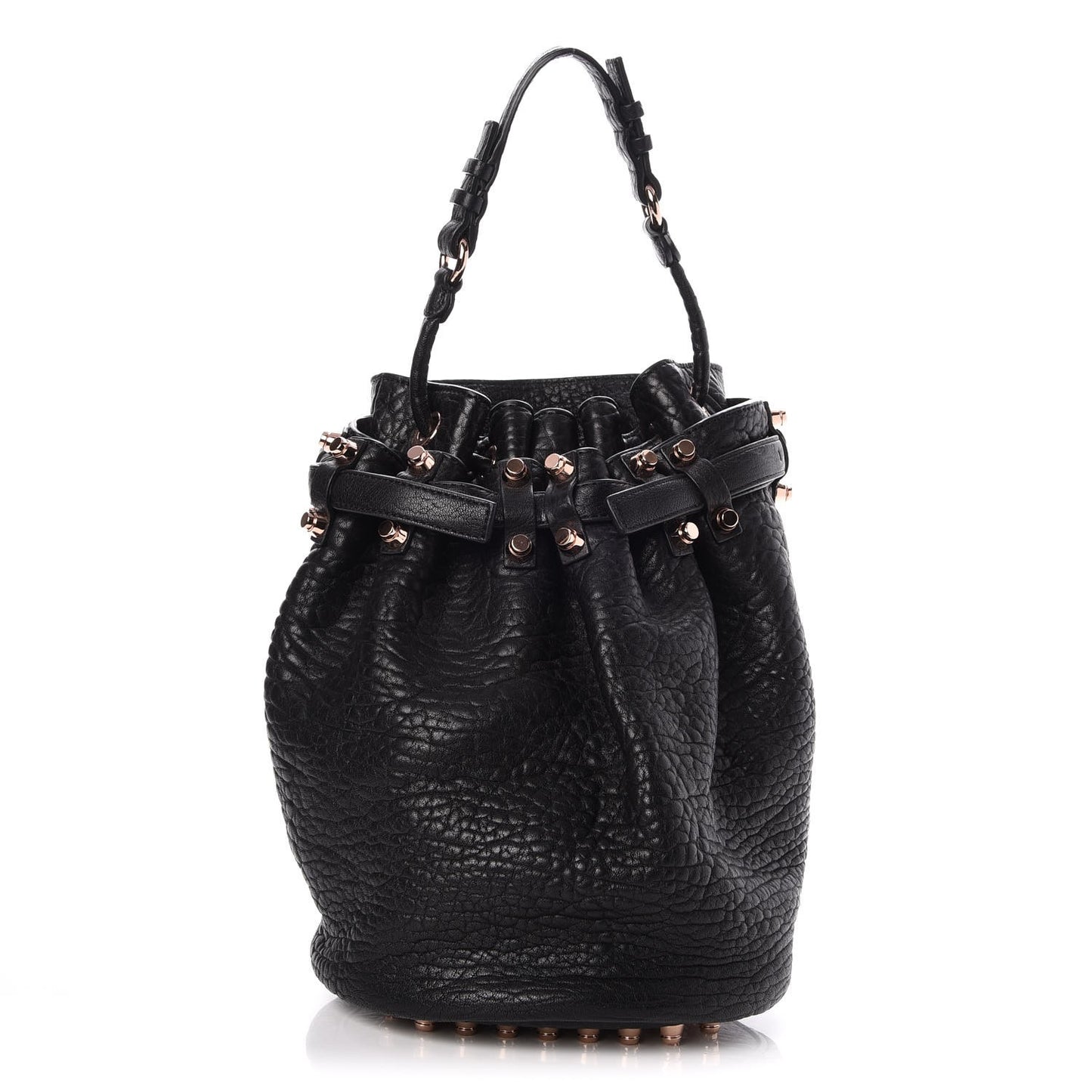 Pebbled Lambskin Diego Bucket Drawstring Bag Black Rose Gold Hardware