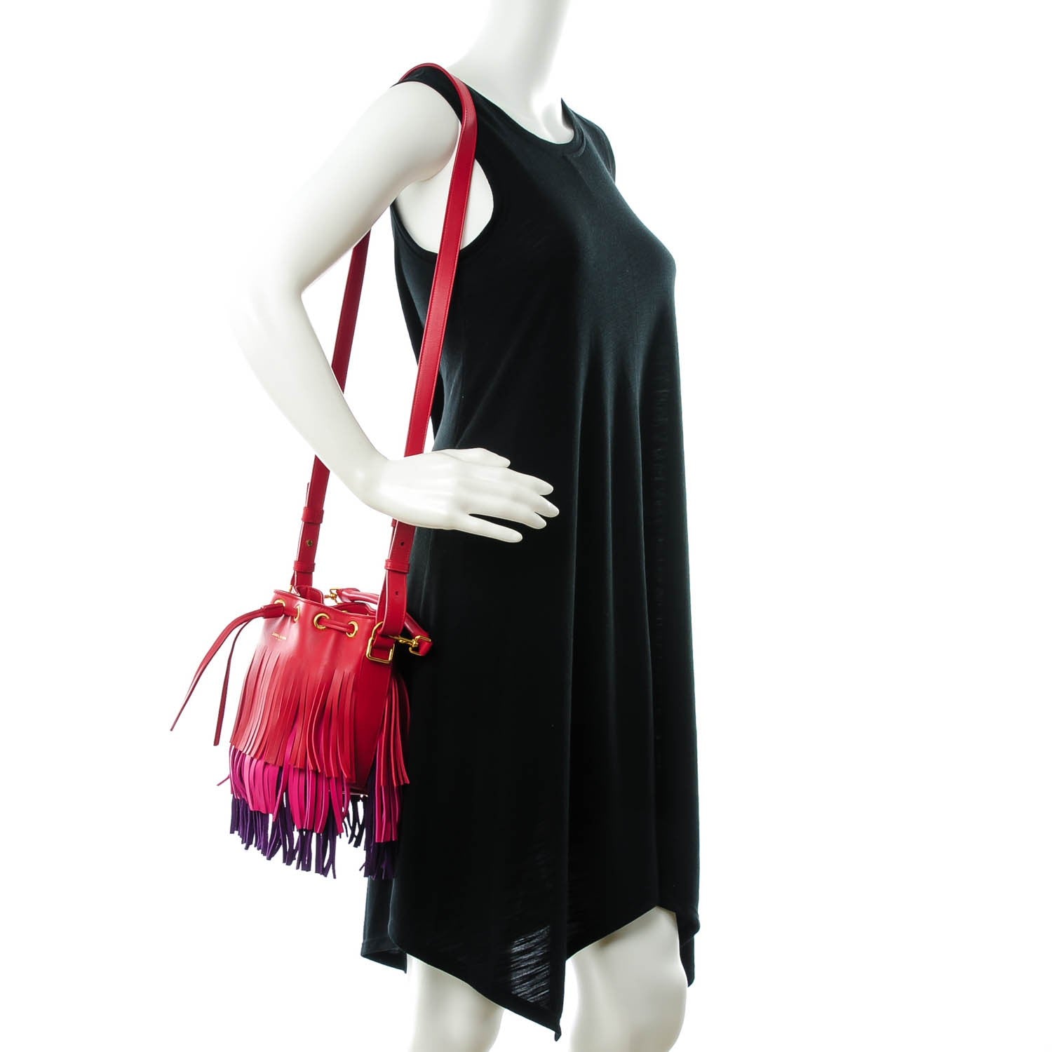 Saint Laurent Calfskin Tri-Color Small Emmanuelle Fringe Bucket Bag Red Bubblegum Purple 2 of 7