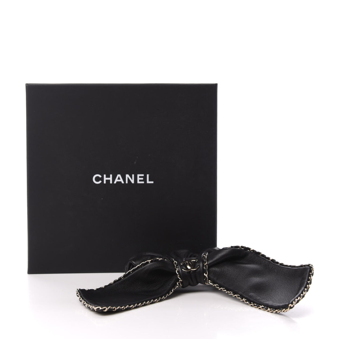 Lambskin Chain CC Hair Bow Tie Black Gold