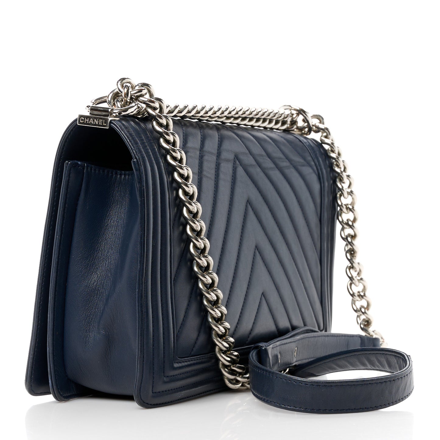Lambskin Chevron Quilted New Medium Boy Flap Dark Navy Blue