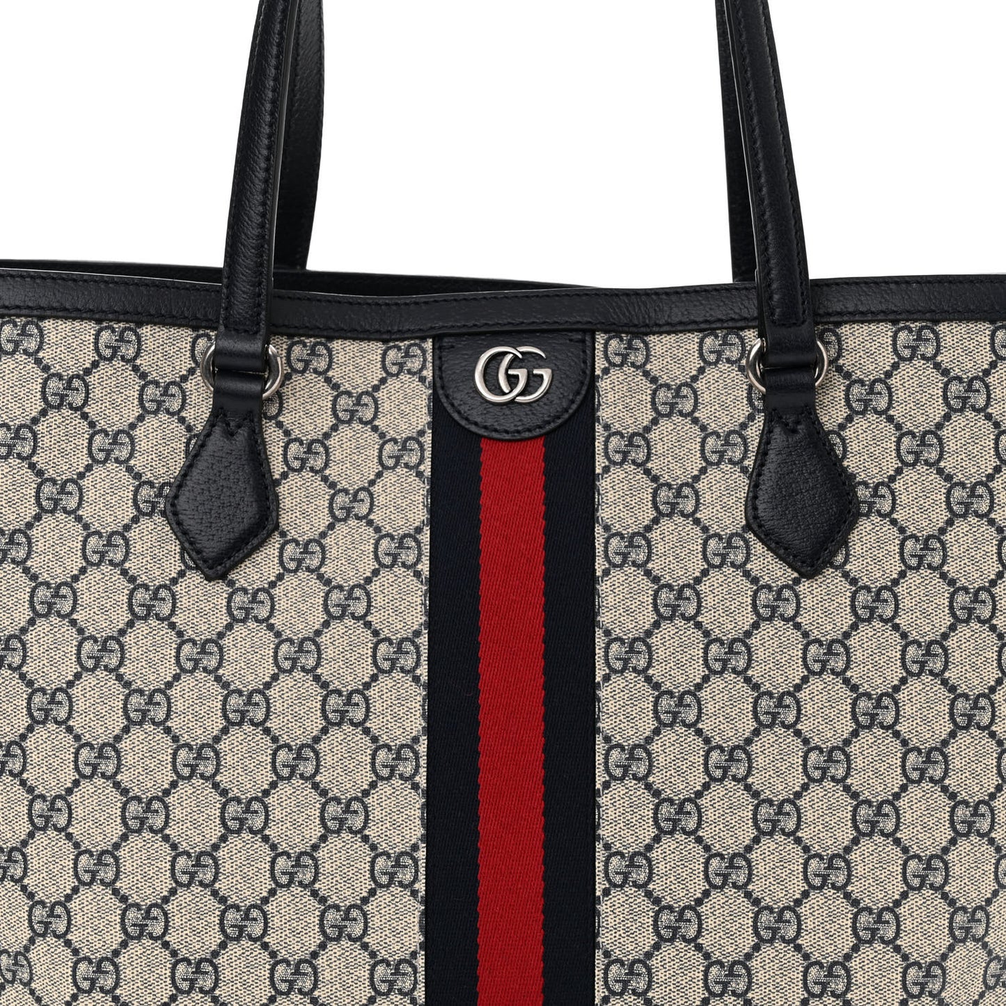 GG Supreme Monogram Textured Calfskin Web Medium Ophidia Shopping Tote Beige Blue