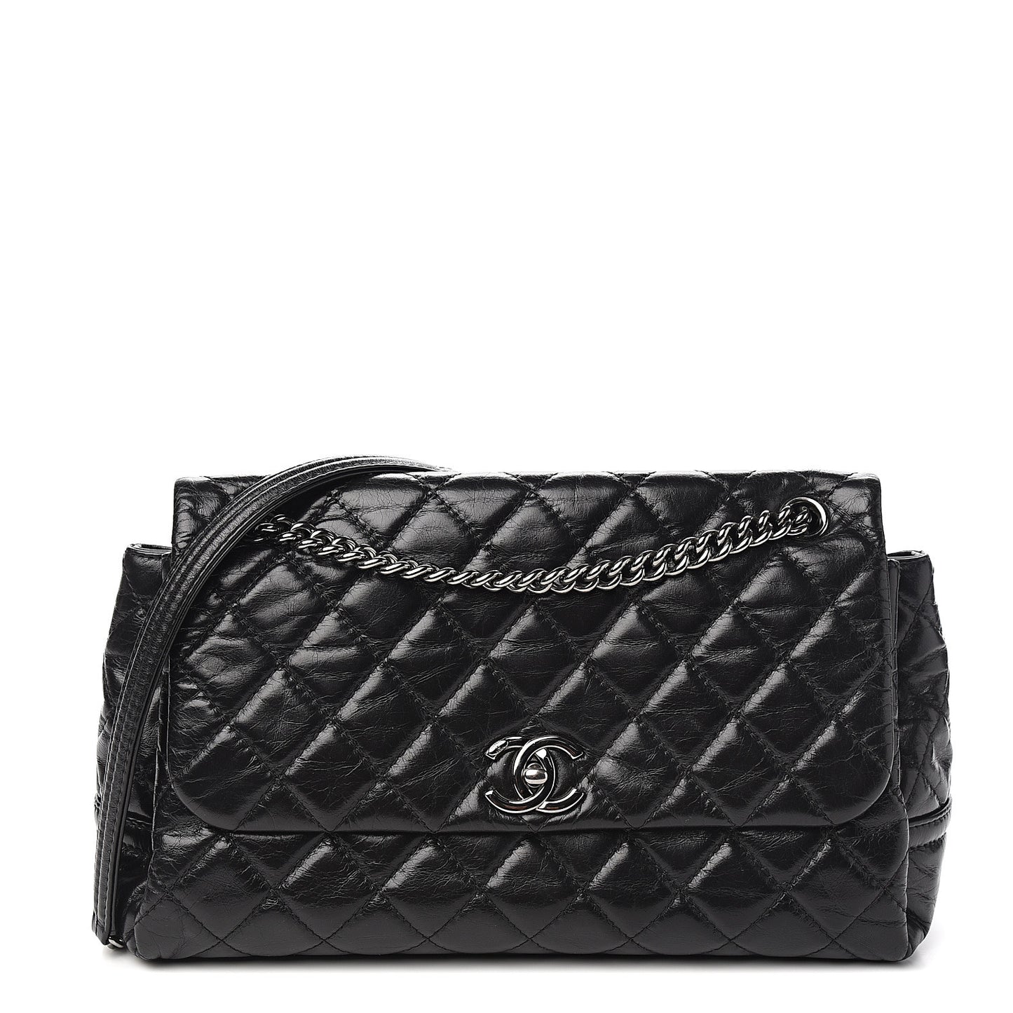 Shiny Crumpled Calfskin Quilted Medium Lady Pearly Flap Black