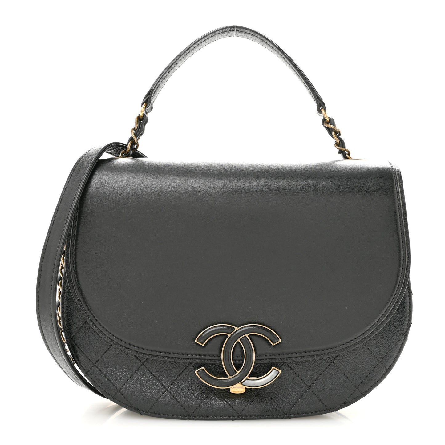 Shiny Calfskin Goatskin Quilted Medium Coco Curve Messenger Flap Black