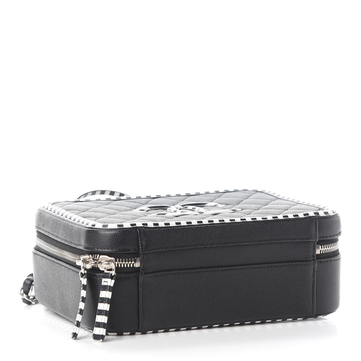Chanel Caviar Quilted Striped Medium CC Filigree Vanity Case Black White 5 of 10
