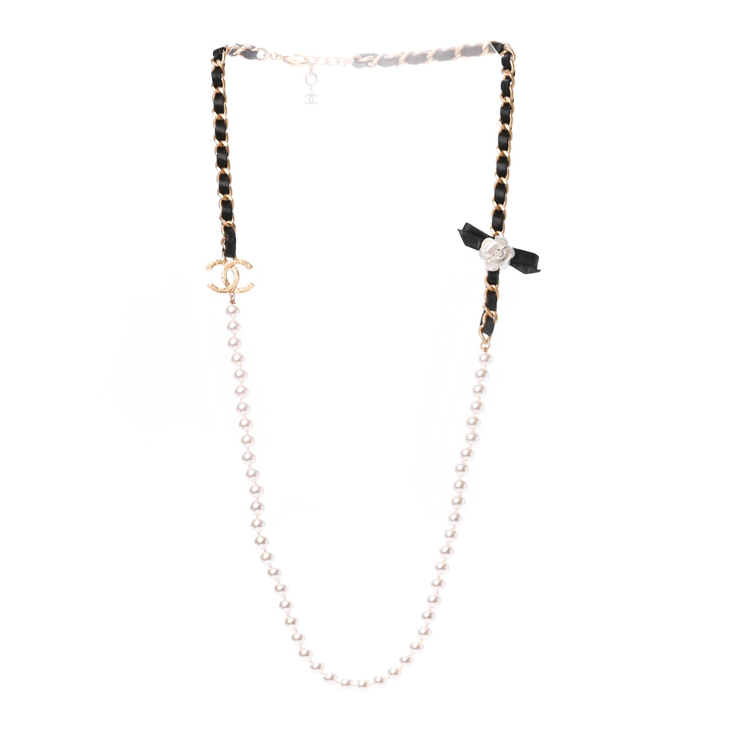 Calfskin Pearl Chain 90's Camellia Long Necklace Black Gold