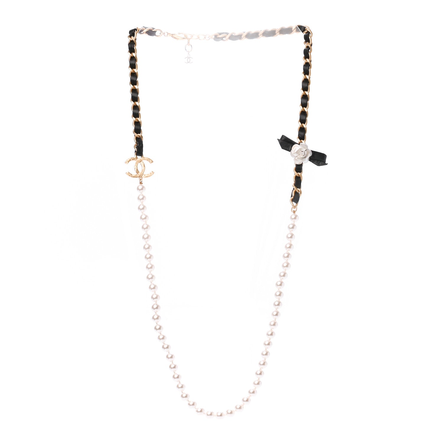 Chanel Calfskin Pearl Chain 90's Camellia Long Necklace Black Gold 4 of 5