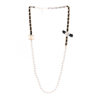 Chanel Calfskin Pearl Chain 90's Camellia Long Necklace Black Gold 4 of 5