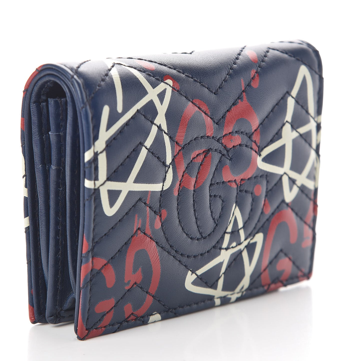 Calfskin Matelasse GucciGhost GG Marmont Card Case Blue Agata Hibiscus Red
